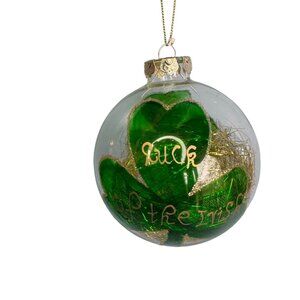 Luck of the Irish Blown Glass Ornament with Gold Tinsel & Green Shamrock 4”